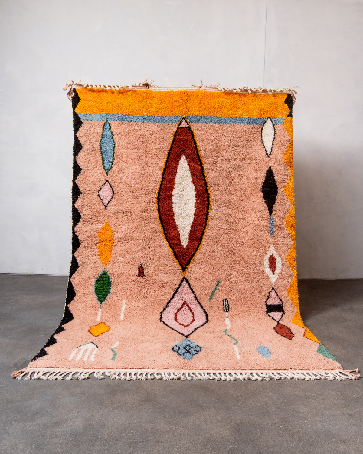 Modern, designer, handcrafted Berber rug from Morocco. Beniourain carpet with beautiful colours and patterns and fluffy wool texture.